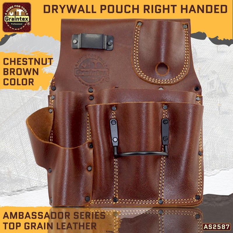 Graintex Drywall Pouch Right Handed Ambassador Series Chestnut Brown Color Top Grain Leather, 1 Hammer Holder, Drywall Tool Belt, Framers Tool Pouch, Construction, Carpenter, Electricians - AS2587 - Image 2